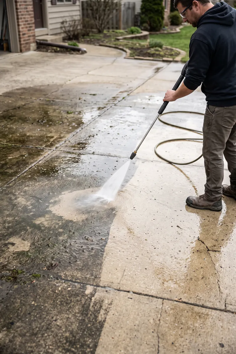 Pressure washing a stained concrete walkway