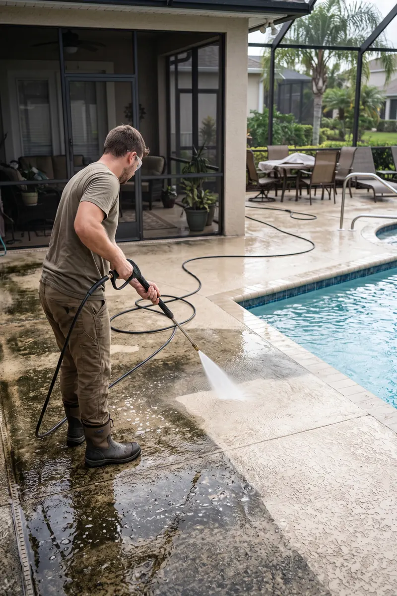 Pressure washing a pool deck and patio