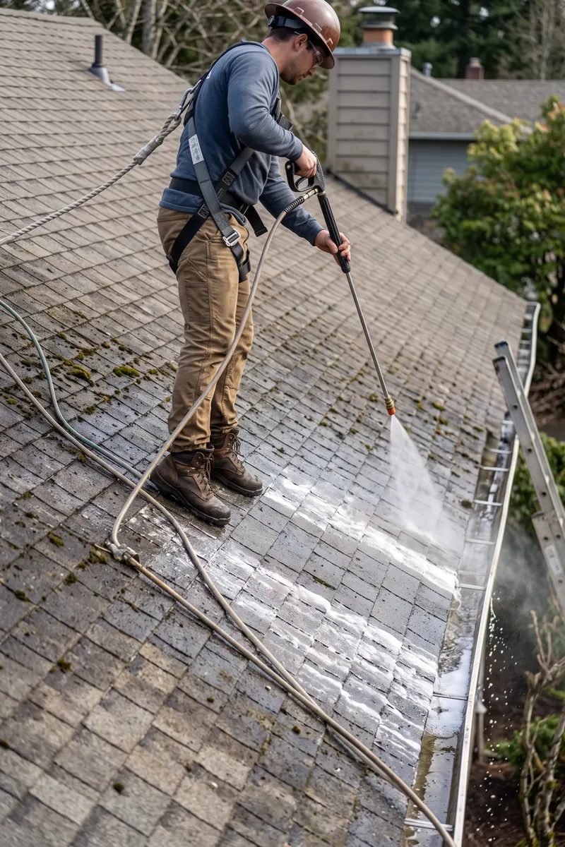 Pressure washing a shingle roof