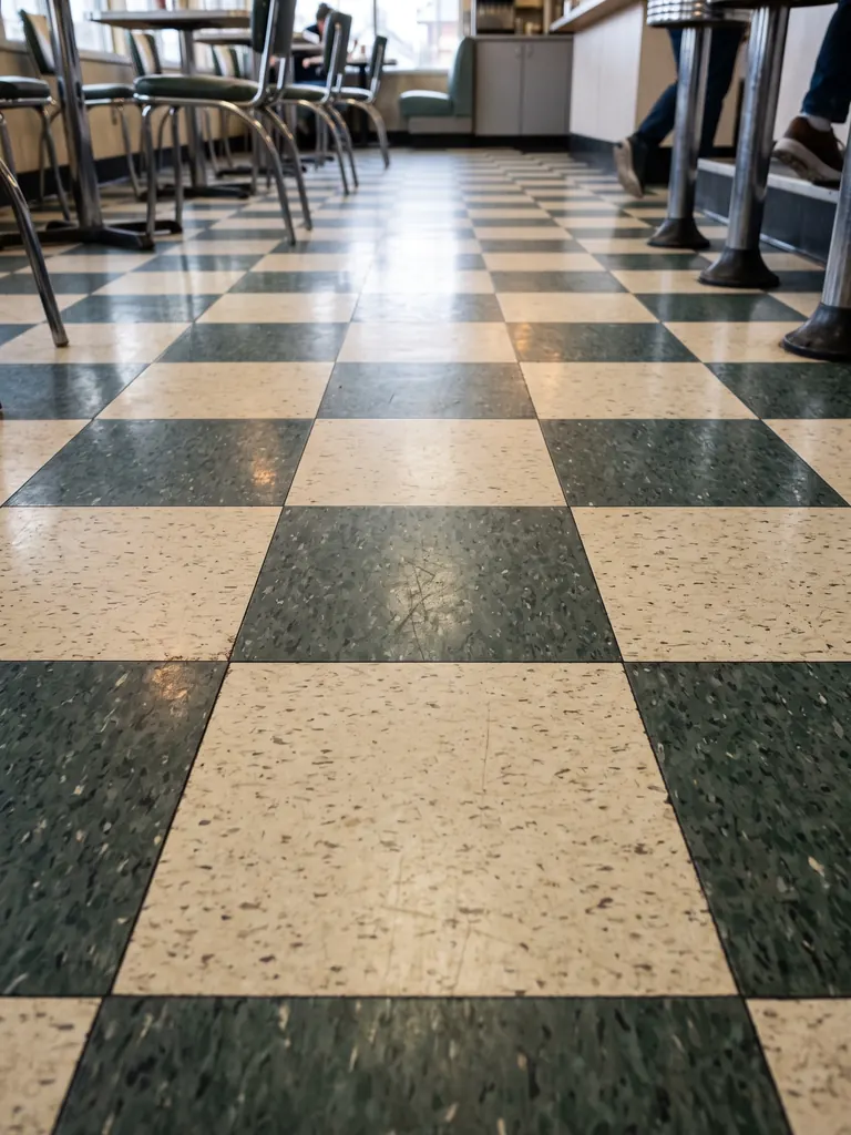 Black and cream checkered VCT floor in a restaurant