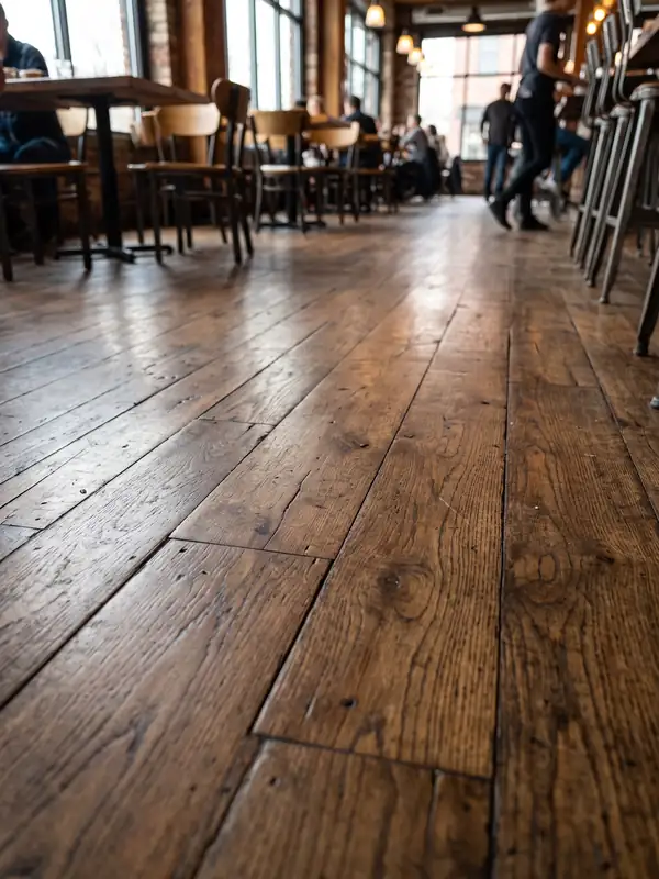 Wood plank floor in a restaurant